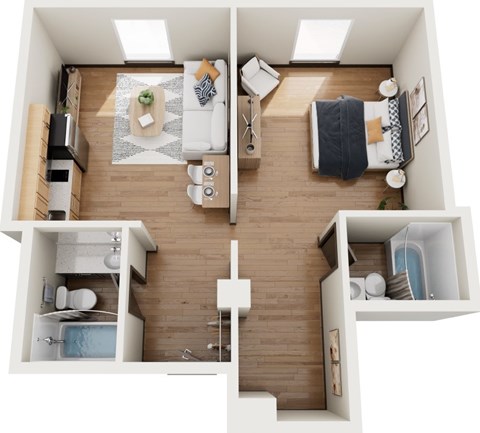 Floor plan for 1 bed, 2 baths, 648 sqft